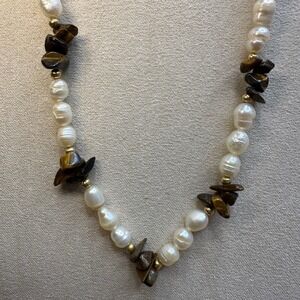 Women Necklace White Brown Freshwater Baroque Pearl Tiger Eye Boho Earthy